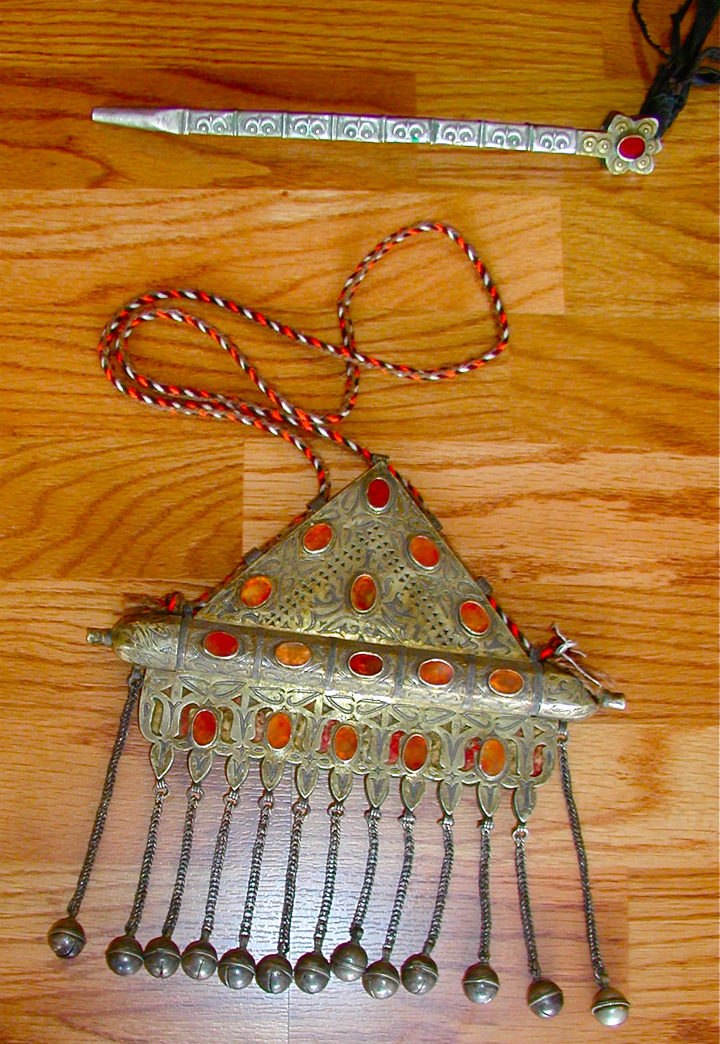 Antique Jewelry Necklace Riding Crop from Turkmenistan Silver Carnelian